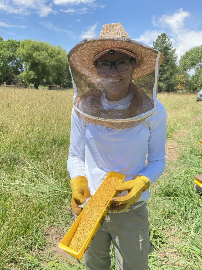 A person wearing gloves and holding a yellow comb.